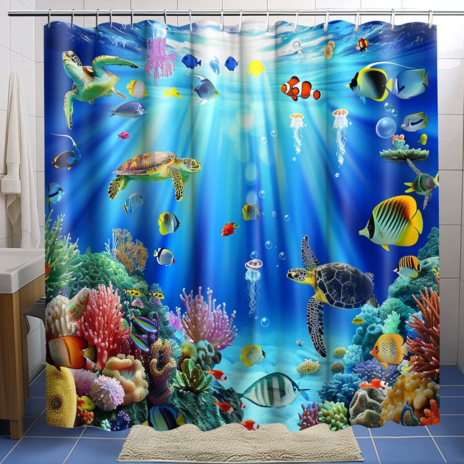 Underwater Sea Life Shower Curtain Fish Turtles Jellyfish Corals ...