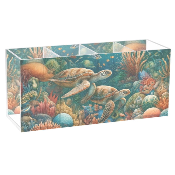 Underwater Sea Ocean Turtle Acrylic Pencil Pen Holder Cup 4 Compartments Desktop Organiser 7.87"x2.78"x3.54"