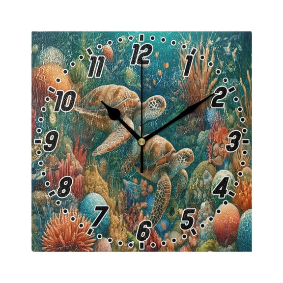 Underwater Sea Ocean Turtle Wall Clock Battery Operated Silent Non-Ticking Bedroom Office Kitchen Home School Decor 7.8"(Black)