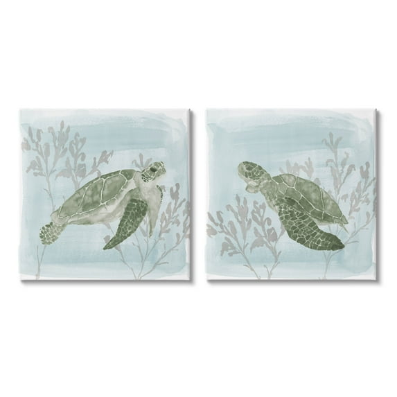 Underwater Sea Turtle Coral Landscape Animals & Insects Graphic Art Gallery Wrapped Canvas Print Wall Art, Set of 2