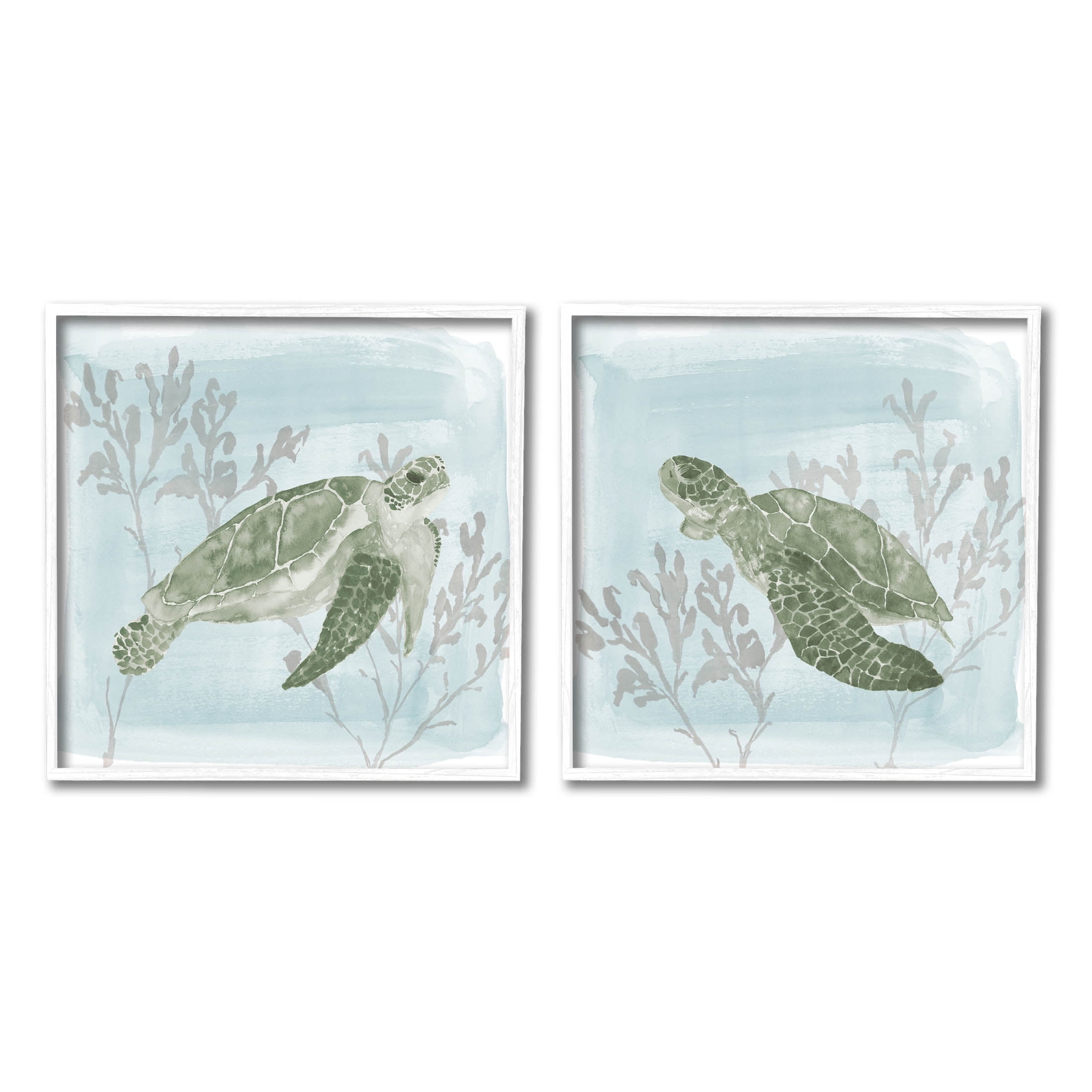 Underwater Sea Turtle Coral Landscape Animals & Insects Graphic Art White Framed Art Print Wall Art, Set of 2