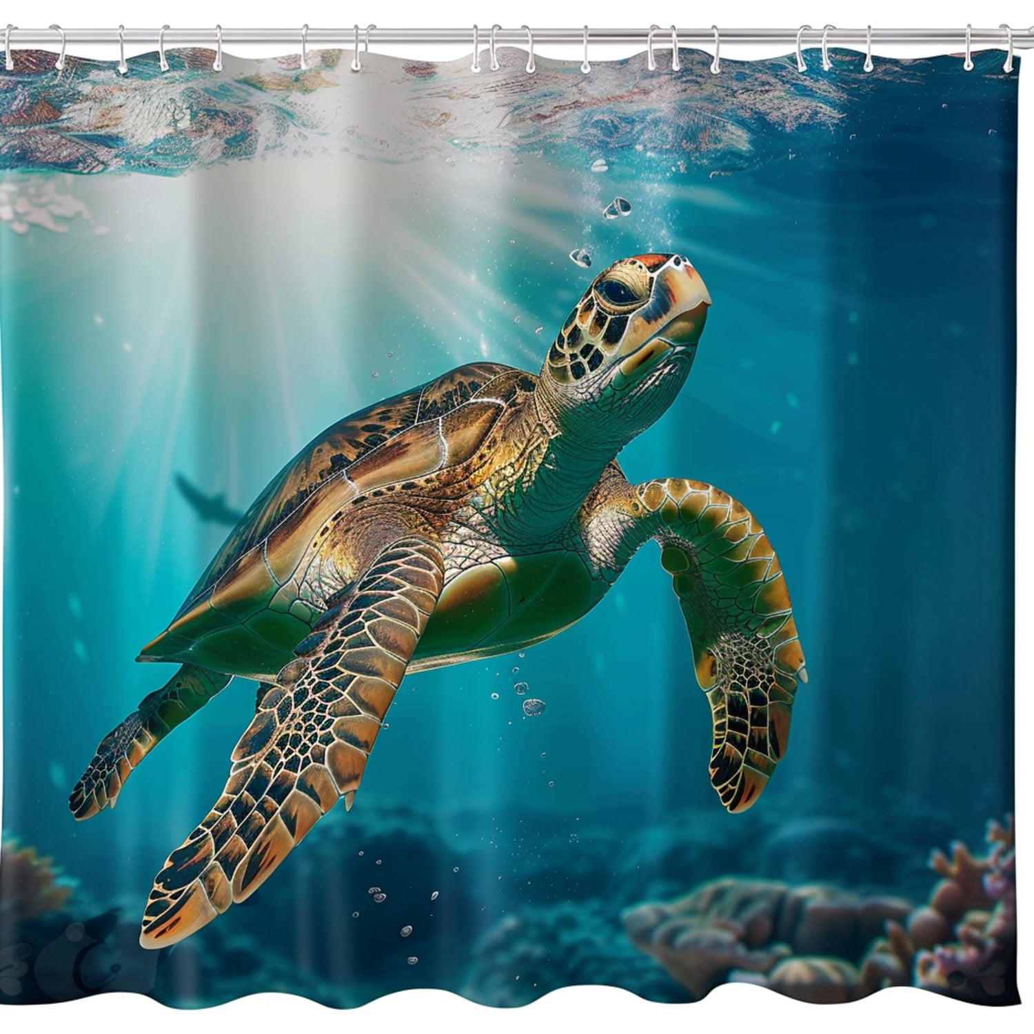 Underwater Sea Turtle Shower Curtain Set Light Blue and Brown Ocean