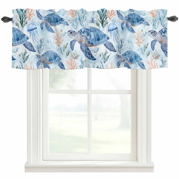 Underwater Sea Valances for Windows Turtles Jellyfish Corals Summer Marine Life Rod Pocket Curtain Valance Window Treatment Short Curtains for Kitchen Living Room, 42"x12"