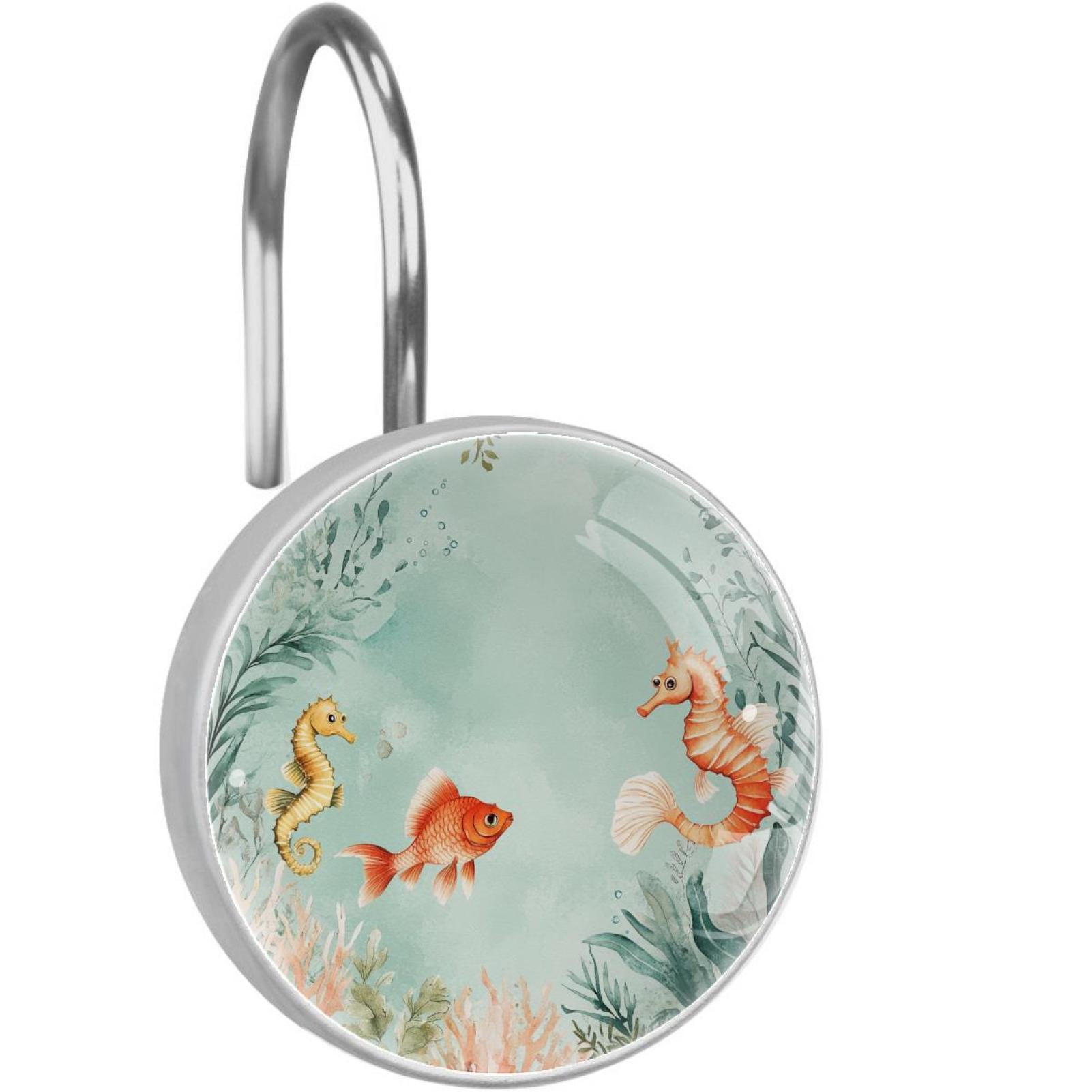 Underwater Seahorse Fish Shower Curtain Hooks Round Crystal Glass, Set of 12 Shower Curtain Rings - Shower Hooks for Curtain Shower Rings