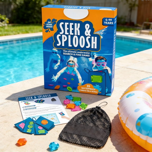 Underwater Search & Find Pool Game Set with 64 Colorful Gems & 35 Waterproof Cards, Seek & Splash Diving Water Activity for Summer Swimming and Outdoor Pool Recreation