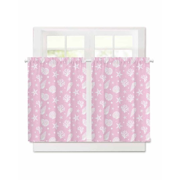 Underwater Seashell Starfish Coral on Pink Short Blackout Curtains 36 Inch Long,Summer Tropical Rod Pocket Kitchen Curtains,2 Panels Thermal Insulated Room Darkening Drapes for Bedroom,30"W x 36"L
