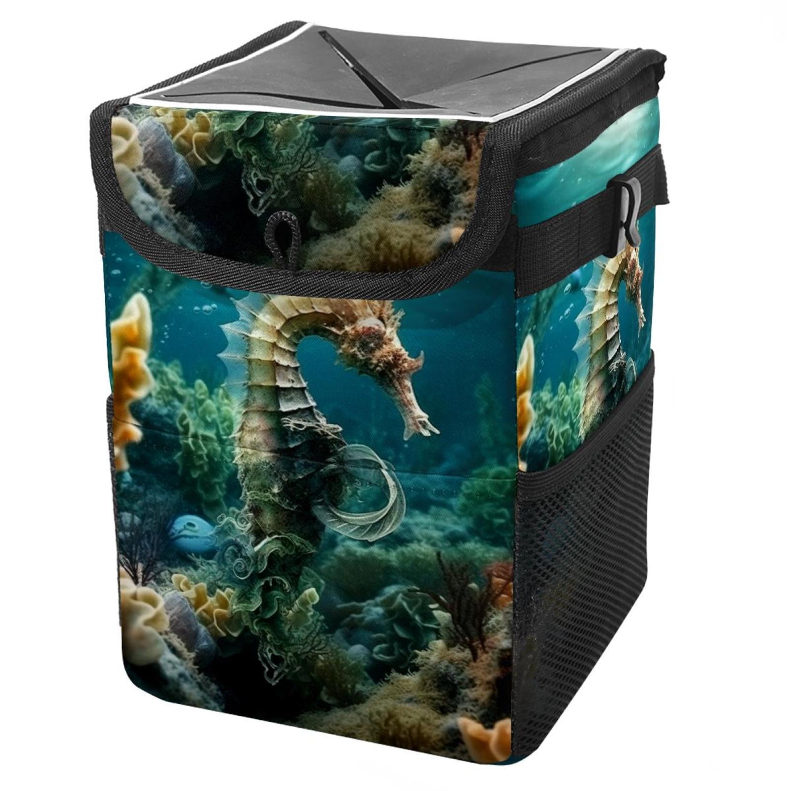 Vintage Ocean Seahorse Seaweed Car Garbage Can, Foldable Trash Can 