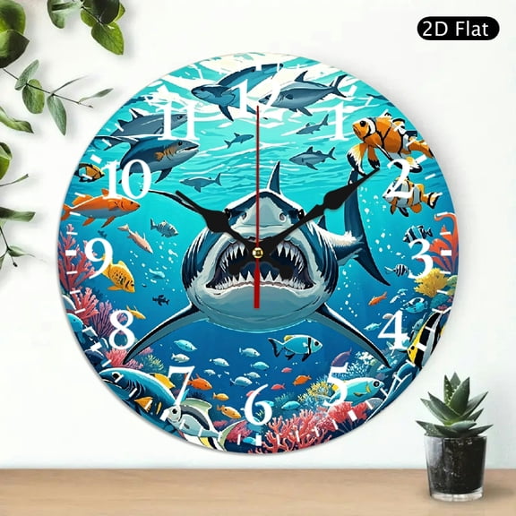 Underwater Shark And Tropical Fish Wall Clock, Ocean Themed Decorative Silent Round Clock For Home Office Decor, 10x10 Inch, 1pc, Battery Not Included