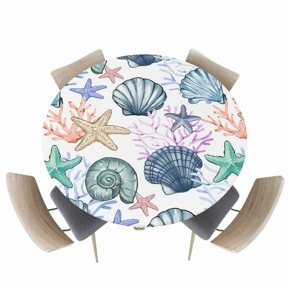 Underwater Shell Conch Starfish Coral Fitted Round Tablecloths Elastic Edged Table Covers 36"-44",Watercolor Marine Life on White Waterproof Dining Room Kitchen Table Cloth for Holiday Party Tables