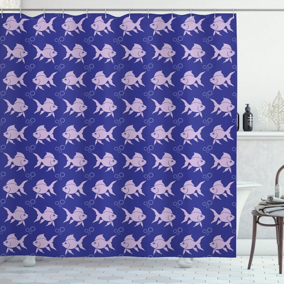 Underwater Shower Curtain, Funny Goldfishes Swimming in the Sea Bubbles Childish Marine Life Cartoon, Fabric Bathroom Set with Hooks, 69W X 75L Inches Long, Purple and Mauve, by Ambesonne