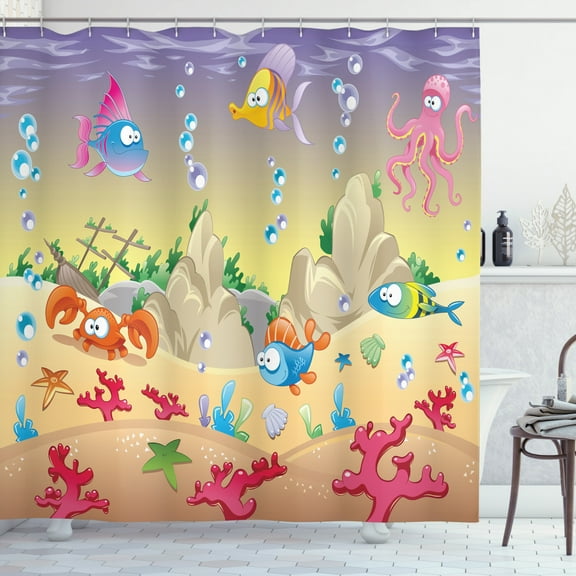 Ambesonne Underwater Shower Curtain, Cartoon Funny, 69"Wx84"L, Multicolor
