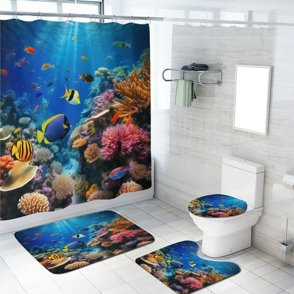 Underwater Shower Curtain Set with Rugs for Bathroom Decor Ocean Theme Tropical Fish Coral Sea World Marine Life with Toilet Lid Cover, Bath Mat, Shower Curtains for Bathroom Rug Set, 72x72 Inch