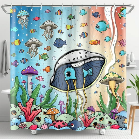 Underwater Shower Curtain with Cartoon Jellyfish & Whimsical Sea Creatures - Vibrant Ocean Theme Decor
