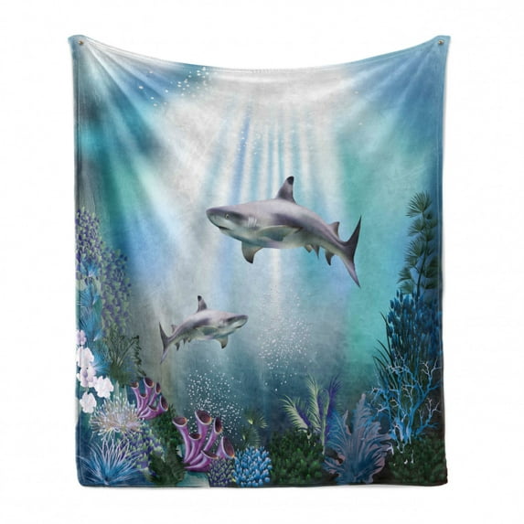 Underwater Soft Flannel Fleece Blanket, Realistic Illustration Wild Sharks and Plants Corals Seaweed Aquatic Ocean Life, Cozy Plush for Indoor and Outdoor Use, 70" x 90", Multicolor, by Ambesonne