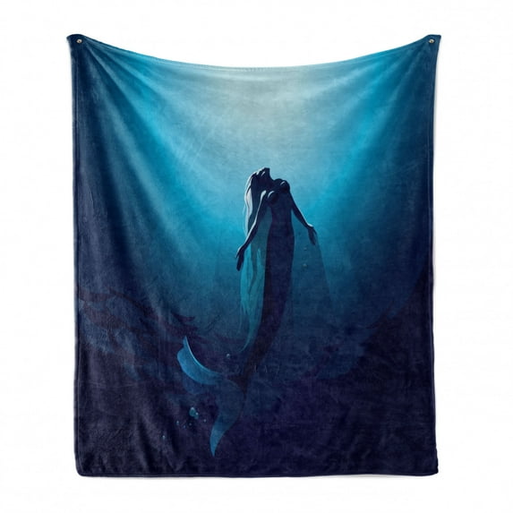 Underwater Soft Flannel Fleece Throw Blanket, Fantasy Mermaid in the Deep Water Swimming up to the Surface Sun Rays Artwork Print, Cozy Plush for Indoor and Outdoor Use, 60" x 80", Blue, by Ambesonne