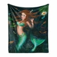 thumbnail image 1 of Underwater Soft Flannel Fleece Throw Blanket, Fantasy Mermaid in Lake with Lilies Blossom Plants Leaves, Cozy Plush for Indoor and Outdoor Use, 50" x 60", Green Brown Jade Green, by Ambesonne, 1 of 5