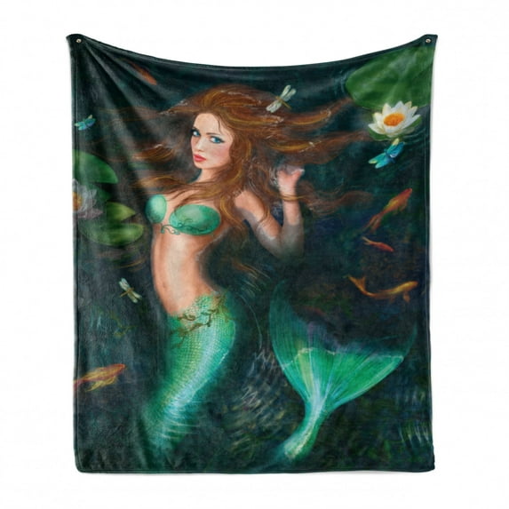Underwater Soft Flannel Fleece Throw Blanket, Fantasy Mermaid in Lake with Lilies Blossom Plants Leaves, Cozy Plush for Indoor and Outdoor Use, 70" x 90", Green Brown Jade Green, by Ambesonne