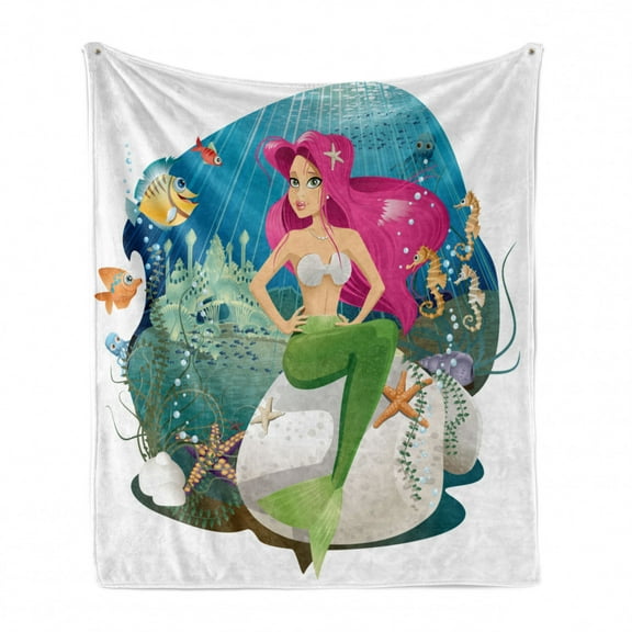 Underwater Soft Flannel Fleece Throw Blanket, Illustration of a Mermaid and Her Underwater World Colorful Landscape Print, Cozy Plush for Indoor and Outdoor Use, 60" x 80", Multicolor, by Ambesonne