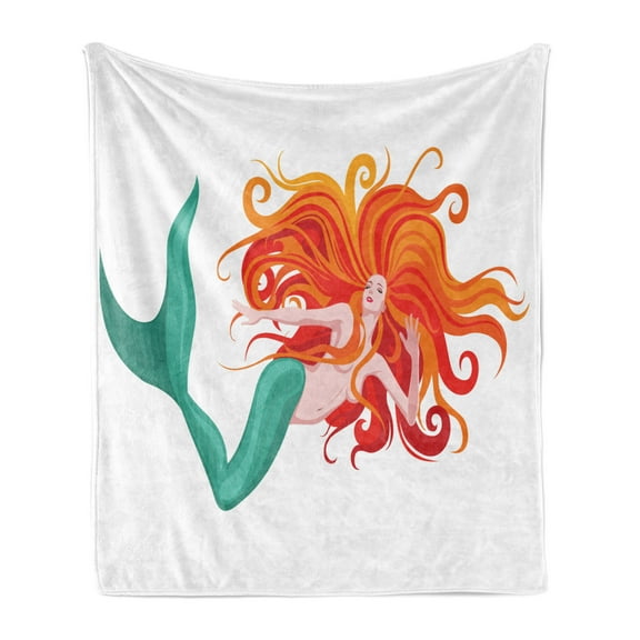 Underwater Soft Flannel Fleece Throw Blanket, Illustration of Red Haired Mermaid Romantic Imagination Theme, Cozy Plush for Indoor and Outdoor Use, 50" x 70", Dark Orange Turquoise, by Ambesonne