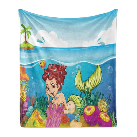 Underwater Soft Flannel Fleece Throw Blanket, Illustration of a Smiling Mermaid Under the Sea Garden Palm Tree Island Art, Cozy Plush for Indoor and Outdoor Use, 70" x 90", Multicolor, by Ambesonne
