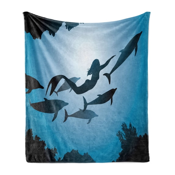 Underwater Soft Flannel Fleece Throw Blanket, Mermaid and Dolphins Underwater View Travel Diving Fin Sea Life, Cozy Plush for Indoor and Outdoor Use, 50" x 60", Blue Black Petrol Blue, by Ambesonne