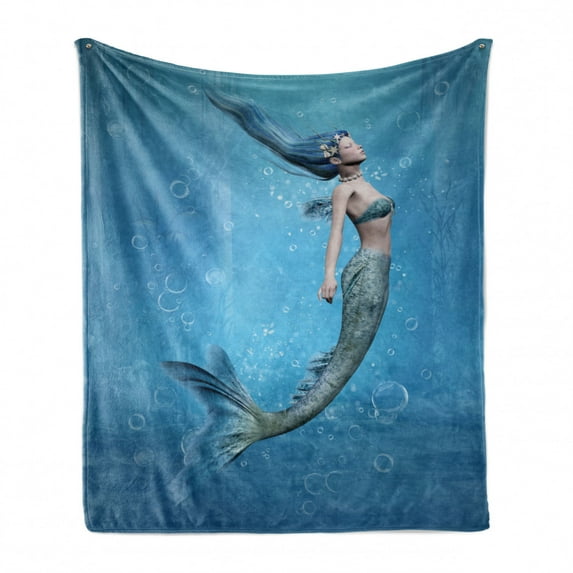 Underwater Soft Flannel Fleece Throw Blanket, Mermaid Fishtail Floating Bubbles Mythical Creature Fairy Ocean Life Artwork Print, Cozy Plush for Indoor and Outdoor Use, 60" x 80", Blue, by Ambesonne