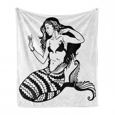 Underwater Soft Flannel Fleece Throw Blanket, Mermaid Mythological Young Girl Fish Tail Monochrome Classic Style Art, Cozy Plush for Indoor and Outdoor Use, 50" x 60", White and Black, by Ambesonne