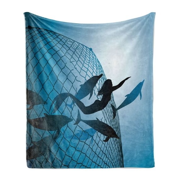Underwater Soft Flannel Fleece Throw Blanket, Mermaid Rescues Flight of Dolphins from Fishing Net Freedom Diverrtwork Print, Cozy Plush for Indoor and Outdoor Use, 70" x 90", Blue, by Ambesonne
