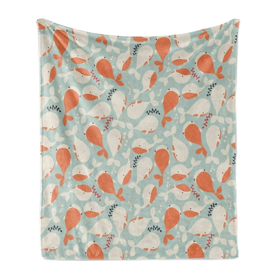 Underwater Soft Flannel Fleece Throw Blanket, Ocean Animal Whales Swimming Pattern Marine Life Illustration, Cozy Plush for Indoor and Outdoor Use, 70" x 90", Salmon Coconut Turquoise, by Ambesonne