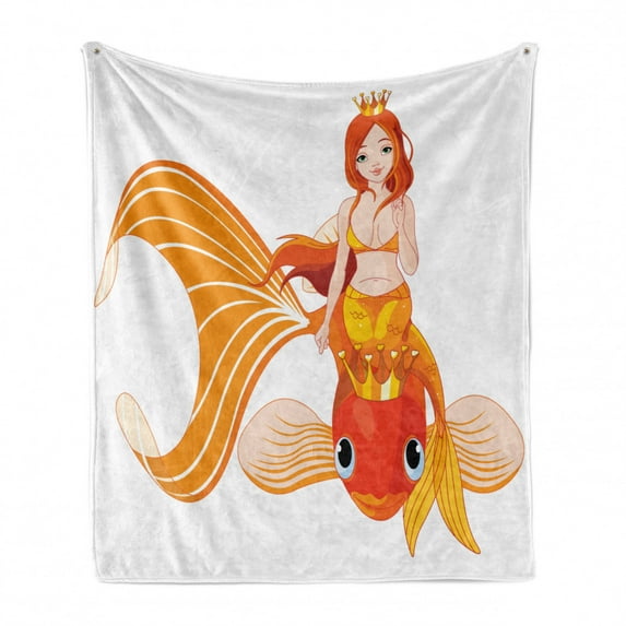 Underwater Soft Flannel Fleece Throw Blanket, Princess Mermaid Riding on Goldfish Swimming Animals Happy, Cozy Plush for Indoor and Outdoor Use, 50" x 70", Orange Marigold White, by Ambesonne