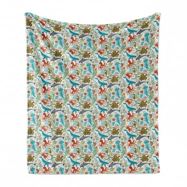 Underwater Soft Flannel Fleece Throw Blanket, Repetitive Jumble Colorful Seaweeds and Underwater Creatures Fish Turtle Crab, Cozy Plush for Indoor and Outdoor Use, 50" x 70", Multicolor, by Ambesonne