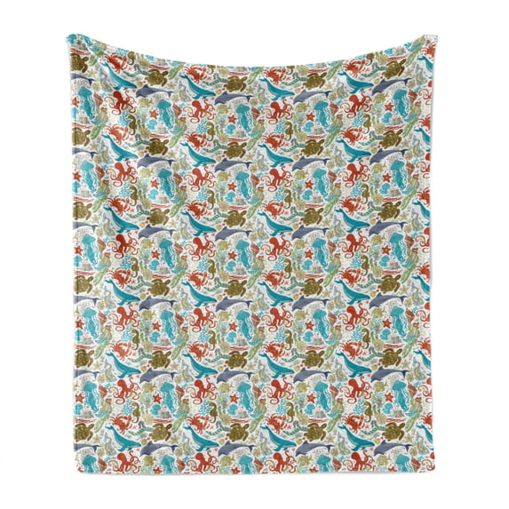 Underwater Soft Flannel Fleece Throw Blanket, Repetitive Jumble Colorful Seaweeds and Underwater Creatures Fish Turtle Crab, Cozy Plush for Indoor and Outdoor Use, 50" x 60", Multicolor, by Ambesonne
