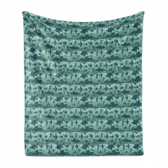 Underwater Soft Flannel Fleece Throw Blanket, Sea Waves Background with Sea Life Theme Creatures, Cozy Plush for Indoor and Outdoor Use, 50" x 60", Sage Green Slate Blue, by Ambesonne