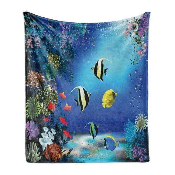 Underwater Soft Flannel Fleece Throw Blanket, Tropical Undersea Colorful Fishes Swimming in the Ocean Coral Reefs Image, Cozy Plush for Indoor and Outdoor Use, 70" x 90", Blue, by Ambesonne