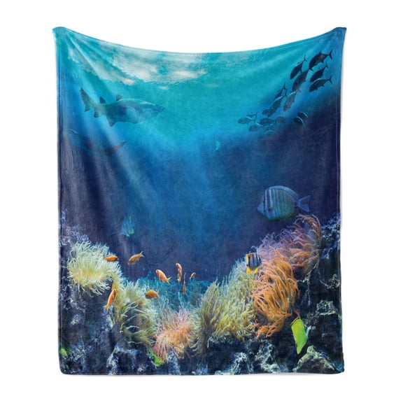 Underwater Soft Flannel Fleece Throw Blanket, Various Fish in the Ocean Tranquil Marine Life Nautical Theme, Cozy Plush for Indoor and Outdoor Use, 60" x 80", Cobalt Blue Multicolor, by Ambesonne