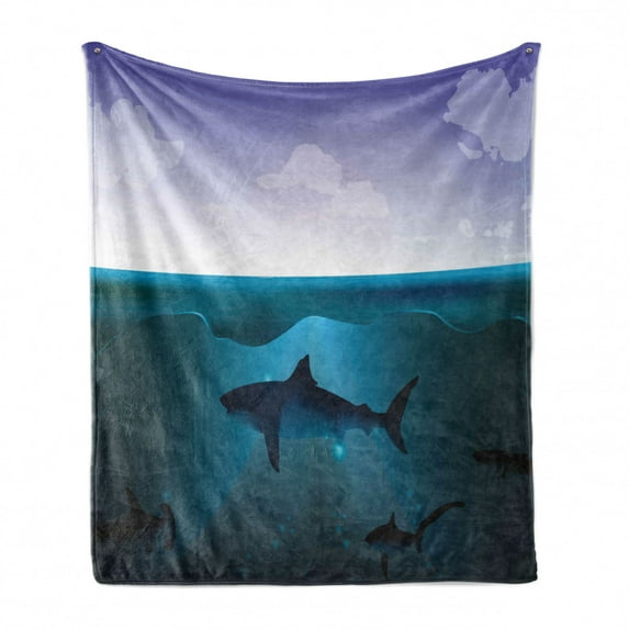 Underwater Soft Flannel Fleece Throw Blanket, Wild Sharks Swimming in Sea Atlantic Ocean Peace Clouds Marine Design, Cozy Plush for Indoor and Outdoor Use, 50" x 70", Violet Petrol Blue, by Ambesonne