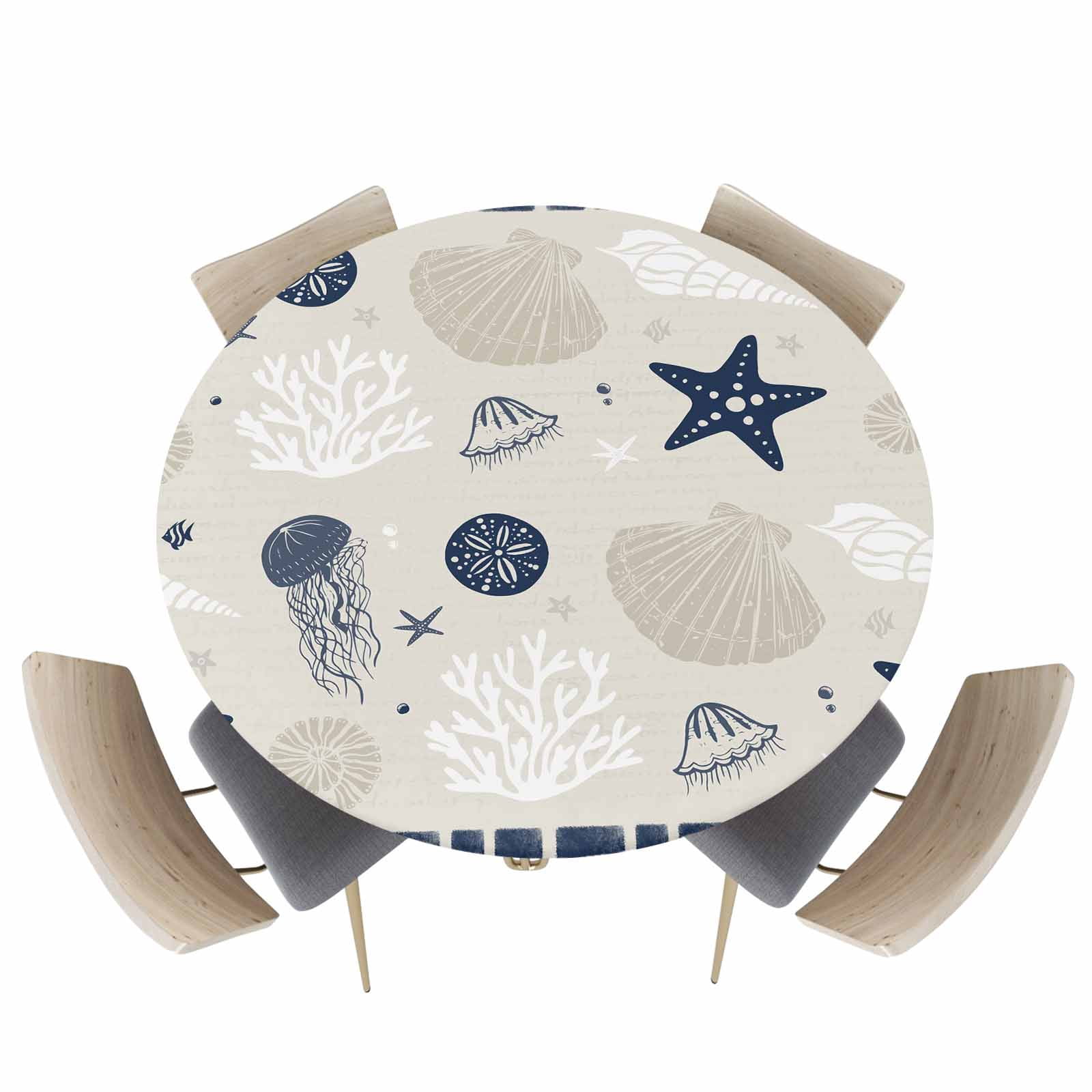 Shell Table Clothes Underwater Starfish Shell Coral Octopus Fitted Round Tablecloths ...