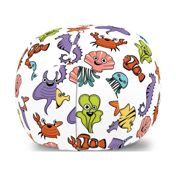 Underwater Storage Toy Bag Chair, Cartoon Drawn Colorful Sea Ocean Fish Jellyfish Shell Crab Faces, Stuffed Animal Organizer Washable Bag, Large Size, White Multicolor, by Ambesonne