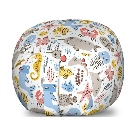 Underwater Storage Toy Bag Chair, Doodle Sea Jellyfish Octopus Starfish Anemone Fish Narwhal Crab Pattern, Stuffed Animal Organizer Washable Bag, Large Size, White Multicolor, by Ambesonne