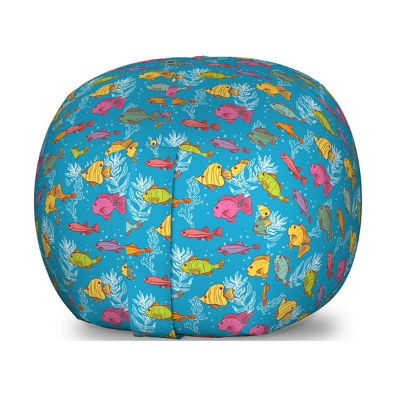 Underwater Storage Toy Bag Chair, Exotic Ocean Fishes Aquarium Seaweeds Diving Pastel Cartoon Marine, Stuffed Animal Organizer Washable Bag, Small Size, Multicolor, by Ambesonne