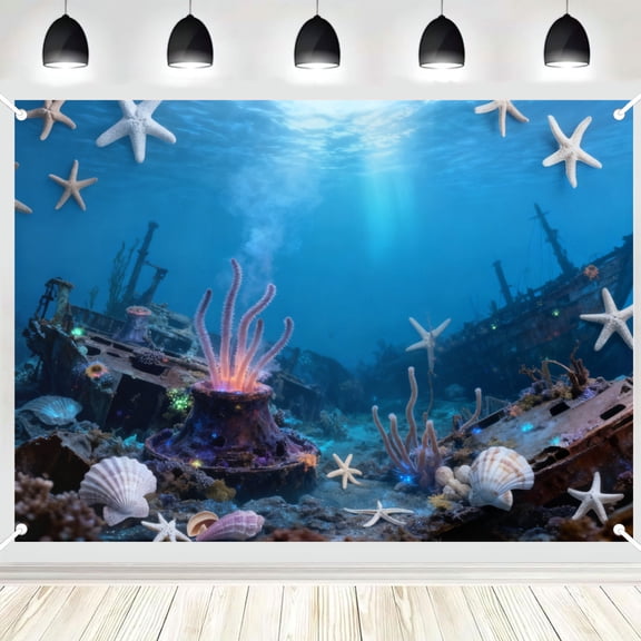 Underwater Sunken Ship Ocean Backdrop, Starfish Seashell Seabed Photo Background for Themed Party Decoration 3x5ft