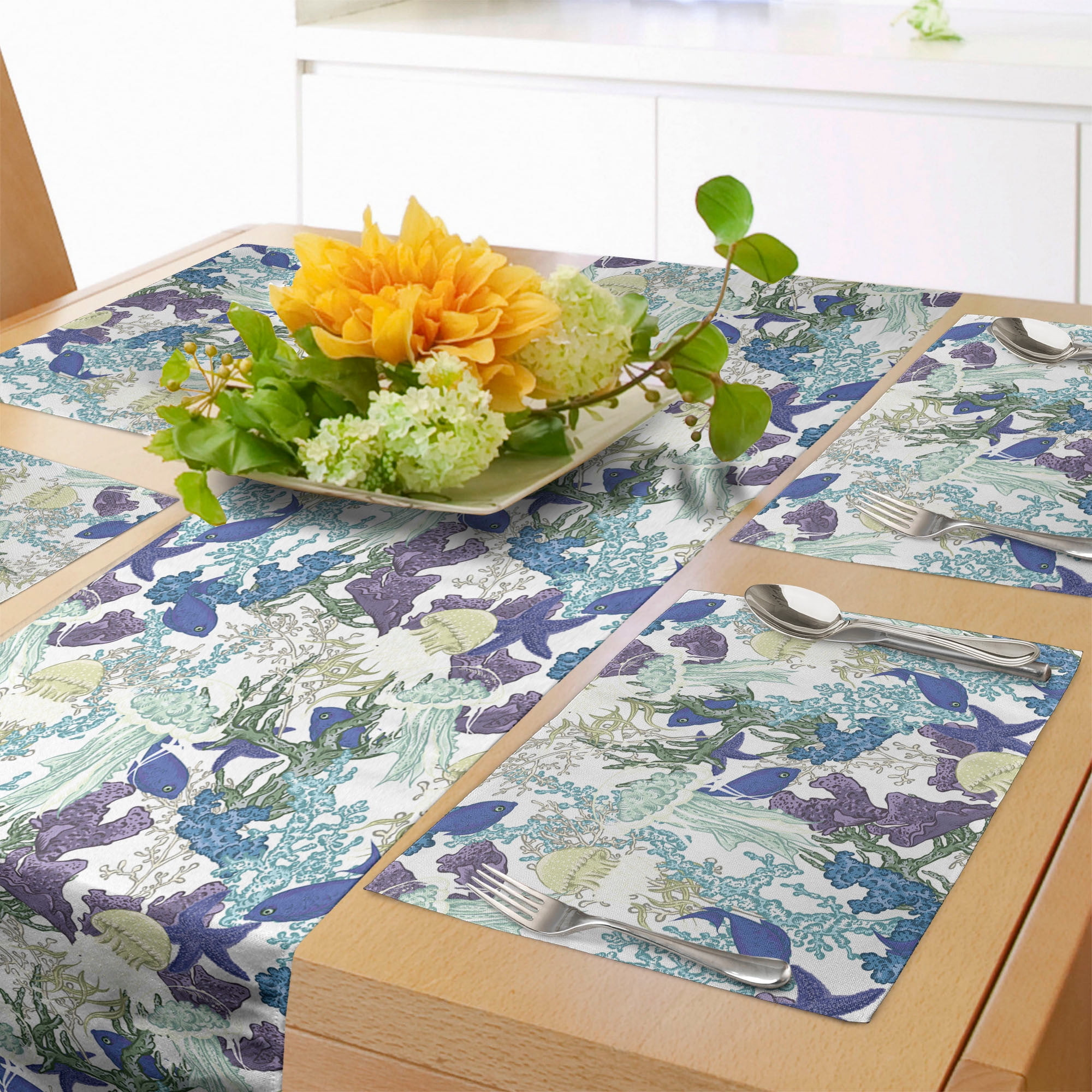 Underwater Table Runner & Placemats, Coral Reef Deep Ocean Jellyfish
