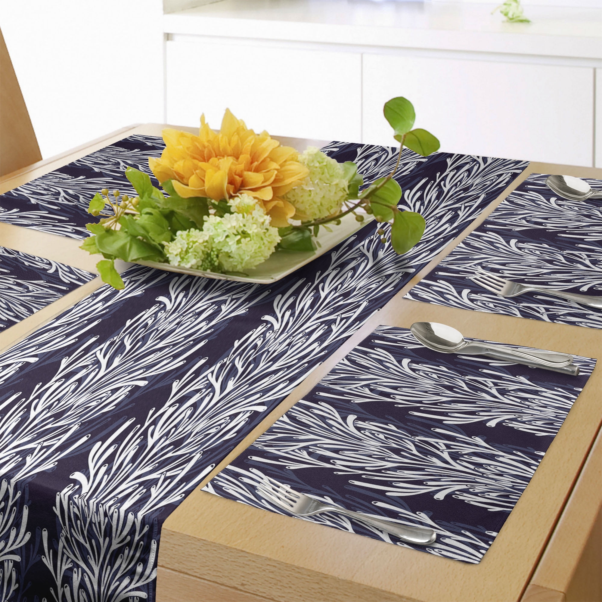 Underwater Table Runner & Placemats, Coral Reef Foliage Marine Algae