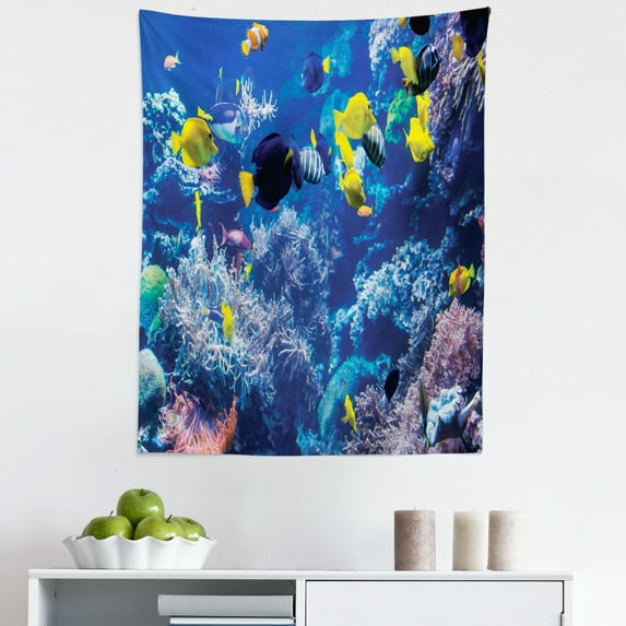Underwater Tapestry, Close up Photo of Tropical Coral Reef Exotic Fishes Ocean Adventure, Fabric Wall Hanging Decor for Bedroom Living Room Dorm, 5 Sizes, Cobalt Blue and Yellow, by Ambesonne