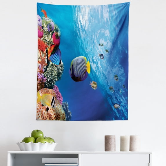 Underwater Tapestry, Colorful World of Ocean Swimming Exotic Fishes Emperor Angelfish, Fabric Wall Hanging Decor for Bedroom Living Room Dorm, 5 Sizes, Sea Blue and Multicolor, by Ambesonne