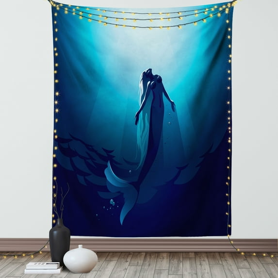 Underwater Tapestry, Fantasy Mermaid in the Deep Water Swimming up to the Surface Sun Rays Artwork Print, Wall Hanging for Bedroom Living Room Dorm Decor, 60W X 80L Inches, Blue, by Ambesonne
