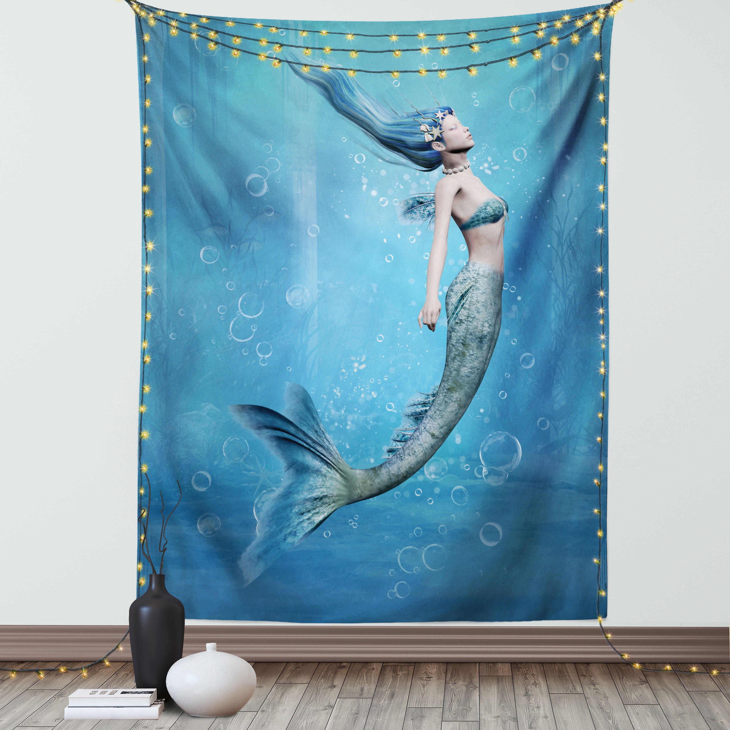 Underwater Tapestry Mermaid Fishtail Floating Bubbles Mythical Creature Fairy Ocean Life Artwork Print Wall Hanging for Bedroom Living Room Dorm Decor 40W X 60L Inches Blue by Ambesonne Walmart