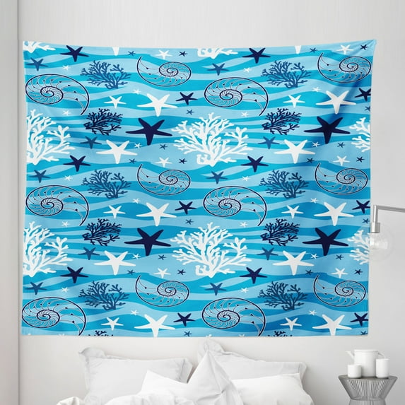 Underwater Tapestry, Nautical Underwater Universe Design of All Creatures Scallop Motif Illustration, Fabric Wall Hanging Decor for Bedroom Living Room Dorm, 5 Sizes, Blue White, by Ambesonne
