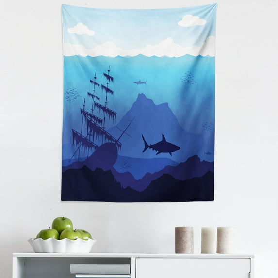 Underwater Tapestry, Sink Old Ship Sharks and Fishes Ocean Life Cartoon Design Silhouettes, Fabric Wall Hanging Decor for Bedroom Living Room Dorm, 5 Sizes, Sky Blue and Indigo, by Ambesonne