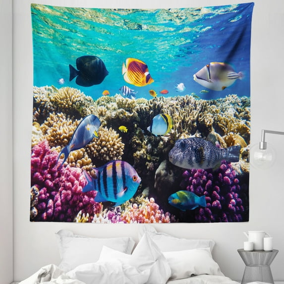 Underwater Tapestry, Tropical Fishes on a Coral Reef of Red Sea Colorful Ocean Scenery Photo Print, Fabric Wall Hanging Decor for Bedroom Living Room Dorm, 5 Sizes, Multicolor, by Ambesonne